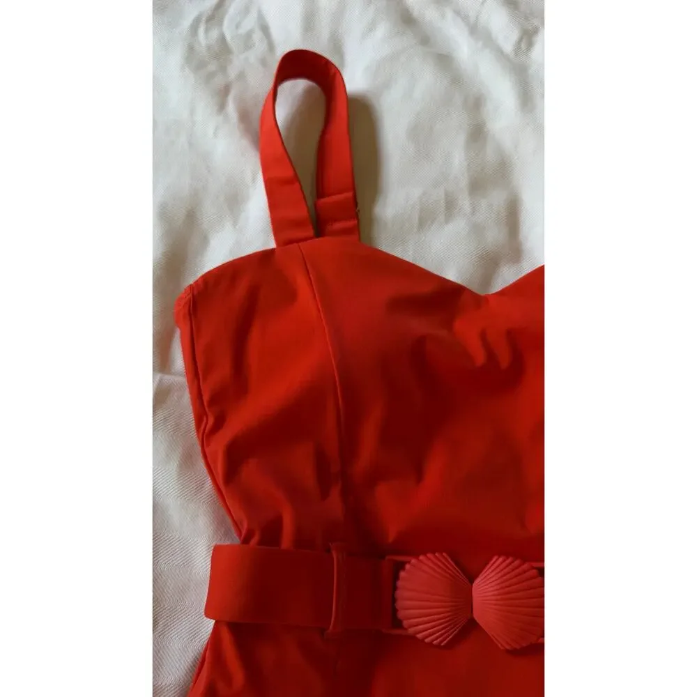 Alex Marie Signature Sculpt One Piece Swimsuit XS Poppy Red Belted NWT $112